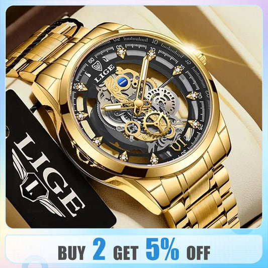 Men Watch Skeleton Quartz Wristwatch Gold